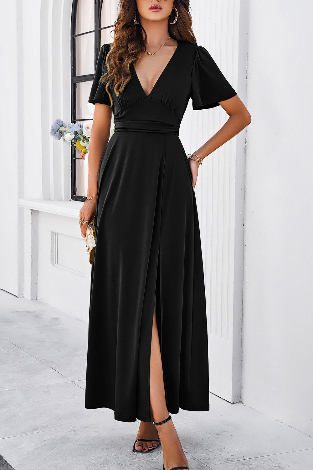 Slit V-Neck Short Sleeve Dress - store name